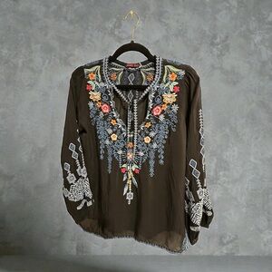 Johnny Was Chelsea Embroidered Black Blouse
